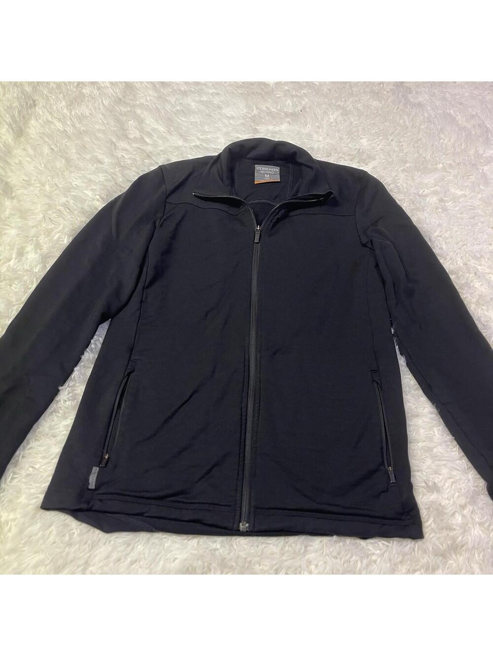 Icebreaker Mens Medium Black Merino Wool Full Zip Sweatshirt Jacket Pockets